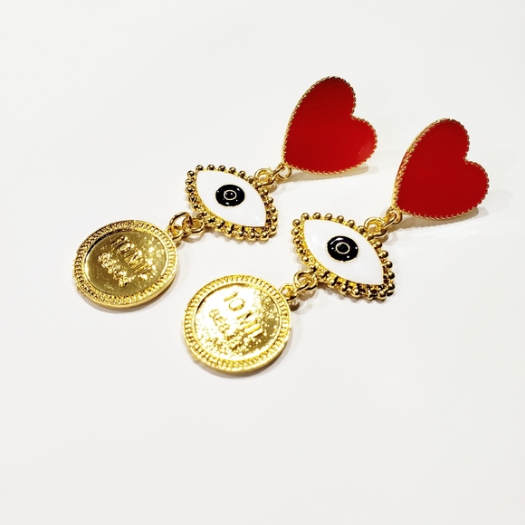 EVIL EYE Red HEART Drop Gold Tone Dangle Earrings - Picture 2 of 6
